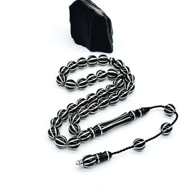 120 Mikron Gümüş İşlemeli Oltu Taşı Tesbih