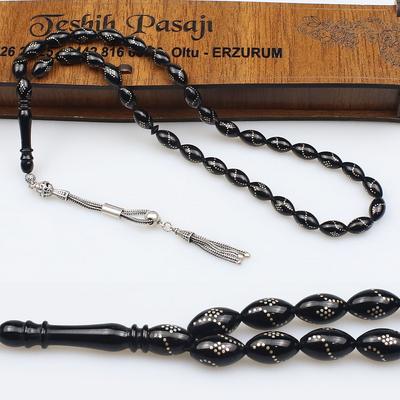 925 Ayar Gümüş Büklümlü Nokta İşleme Orijinal Oltu Taşı Tesbih