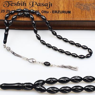 925 Ayar Gümüş Dörtlü Nokta İşleme Orijinal Oltu Taşı Tesbih