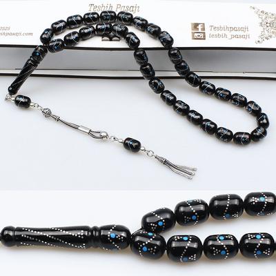 925 Ayar Gümüş Firuze Yan Nokta İşleme Orijinal Oltu Taşı Tesbih