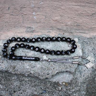 925 Ayar Gümüş İsim Ayyıldız İşlemeli Orijinal Oltu Taşı Tesbih