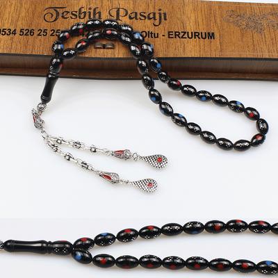 925 Ayar Gümüş İşleme renkli Orijinal Oltu Taşı Tesbih