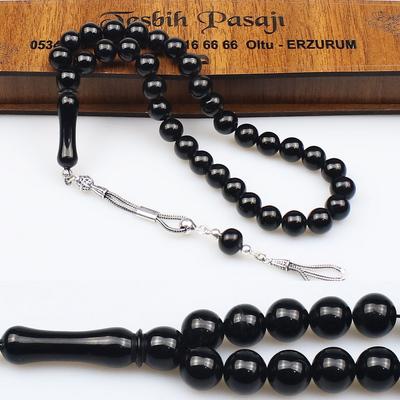 925 Ayar Gümüş Püskül Küre Taneli El Yapımı Orijinal Oltu Taşı Tesbih