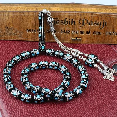 Büyük Boy Firuze Gümüş Yarma İşleme Orijinal Erzurum Oltu Taşı Tesbih (9 x 12 mm) TP001582
