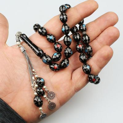 Büyük Boy Gümüş Nokta İşleme Orijinal Erzurum Oltu Taşı Tesbih (10 x 14 mm) TP001594