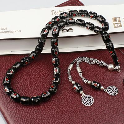 Gümüş Nokta İşleme Gümüş Püskül Orijinal Erzurum Oltu Taşı Tesbih (9 x 12 mm) TP001588