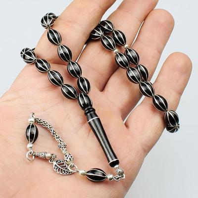 Karpuz Yarma Gümüş İşleme Orijinal Erzurum Oltu Taşı Tesbih (8 x 11 mm) TP001576