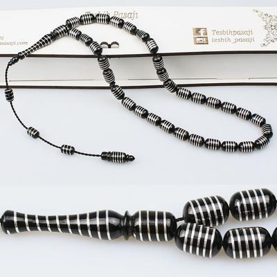 Küçük Boy Özel Gümüş Sarmal İşleme Orijinal Erzurum Oltu Taşı Tesbih (6.5 x 10.5 mm) TP001613