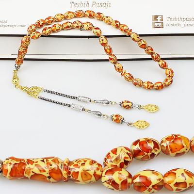 Mozaik Turuncu Renkli Toz Kehribar Tesbih (7 x 9 mm) TP001564