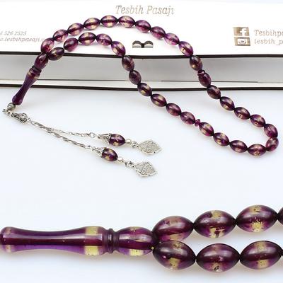 Simli Beyzi Sürmeli Toz Kehribar Tesbih (7 x 11 mm) TP001510