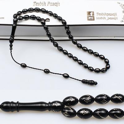 Sistemli Gümüş İşleme Orijinal Oltu Taşı Tesbih