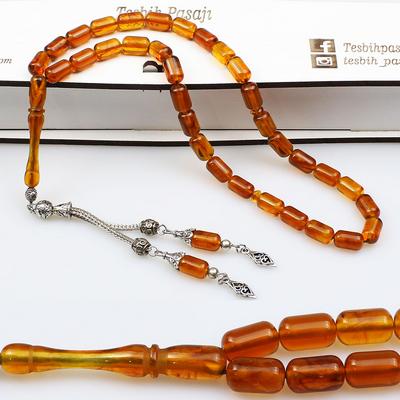 Turuncu Renk Kapsül Sürmeli Toz Kehribar Tesbih (7 x 11 mm) TP001498