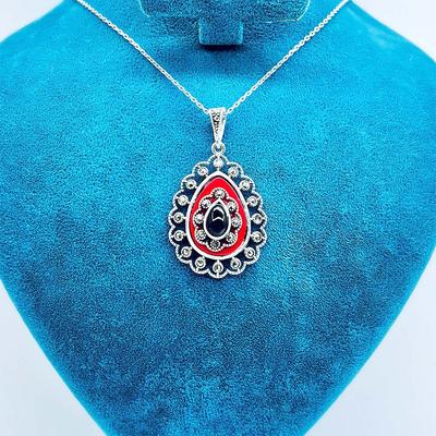 Damla Model Mine ve Oltu Taşı İşçilikli 925 Ayar Gümüş Kolye