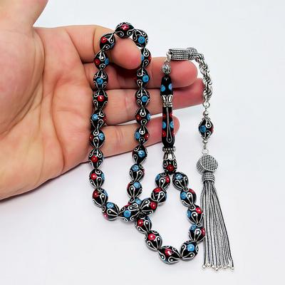 Göz Yaşı Damlası Model Gümüş İşlemeli Erzurum Oltu Taşı Tesbih