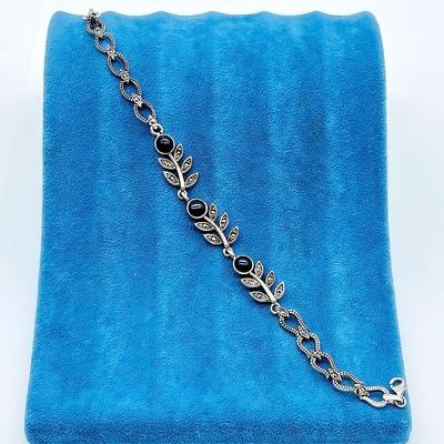 Gül Model Oltu Taşı İşçilikli 925 Ayar Gümüş Bileklik