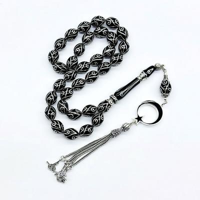 Gümüş İşlemeli Tavus Kuşu Model Orijinal Oltu Taşı Tesbih