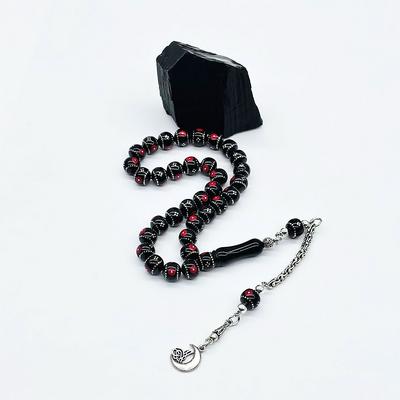 Kırmızı Bilek Boy Gümüş İşlemeli Erzurum Oltu Taşı Tesbih