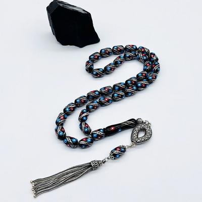 Kırmızı Mavili Gümüş Tasarım İşlemeli Erzurum Oltu Taşı Tesbih