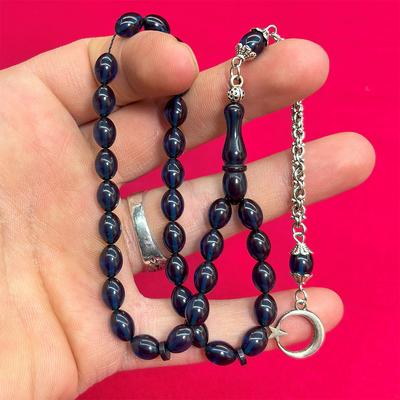 Koyu Mavi Renk Sıkma Ateş Kehribar Tesbih