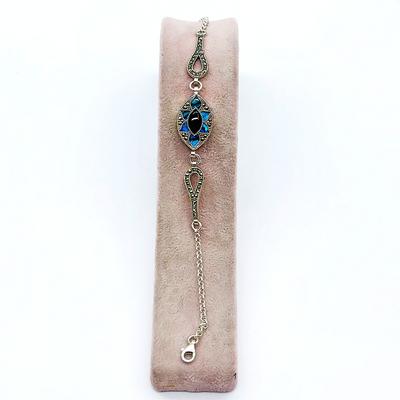 Mavi Mine ve Oltu Taşı İşçilikli 925 Ayar Gümüş Bileklik