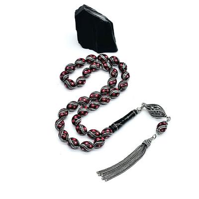 Mercan ve Çeşm-i Bülbül İşlemeli Erzurum Oltu Taşı Tesbih