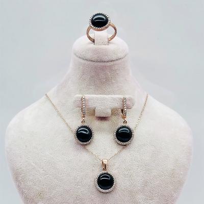 Oltu Taşı İşçilikli 925 Ayar Gümüş Kolye Küpe Yüzük Set