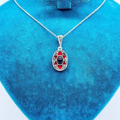 Oltu Taşı Margazit ve Mine İşçilikli 925 Ayar Gümüş Kolye