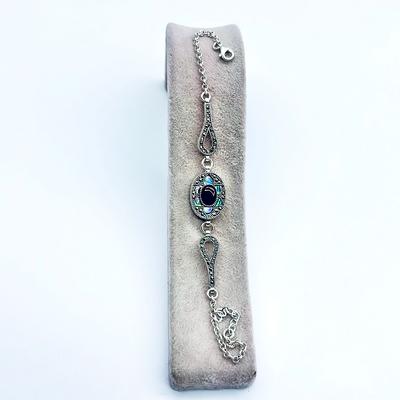 Oltu Taşı ve Yeşil Mine İşçilikli 925 Ayar Gümüş Bileklik