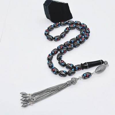 Renkli Çeşmi Bülbül İşlemeli Erzurum Oltu Taşı Tesbih