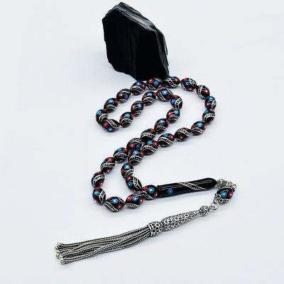 Renkli Çeşmi Bülbül İşlemeli Erzurum Oltu Taşı Tesbih