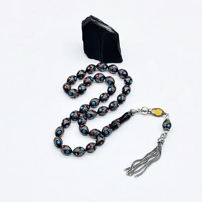 Renkli Gümüş İşlemeli Erzurum Oltu Taşı Tesbih