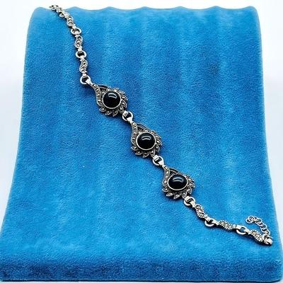 Rüzgar Gülü Model Oltu Taşı İşçilikli 925 Ayar Gümüş Bileklik