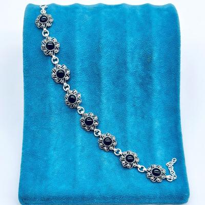 Tam Tur Margazit ve Oltu Taşı İşçilikli 925 Ayar Gümüş Bileklik