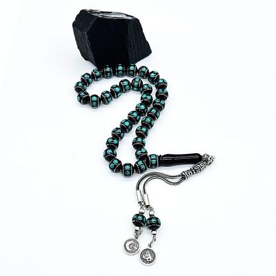 Yeşil Bilek Boy Gümüş İşlemeli Erzurum Oltu Taşı Tesbih