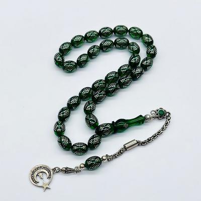 Yeşil Renkte 925 Ayar Gümüş İşlemeli Sıkma Ateş Kehribar Tesbih