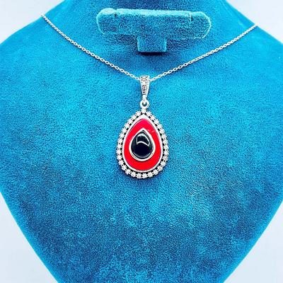 Zirkon Mine ve Oltu Taşı İşçilikli 925 Ayar Gümüş Kolye 