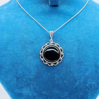 Zirkon Oltu Taşı İşçilikli 925 Ayar Gümüş Kolye